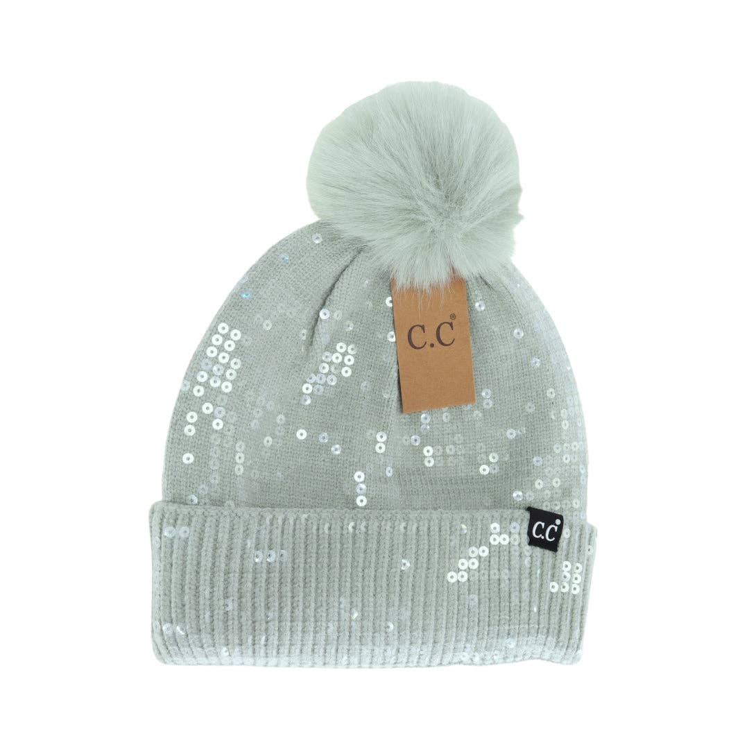 C.C Allover Clear Sequin Faux Fur Pom Beanie