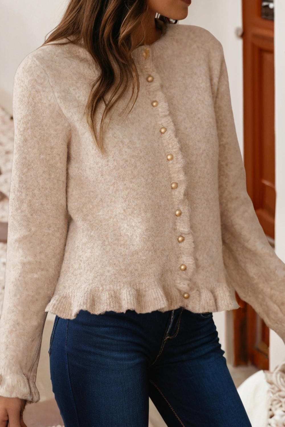 Ruffle Trim Gold Button Sweater Cardigan