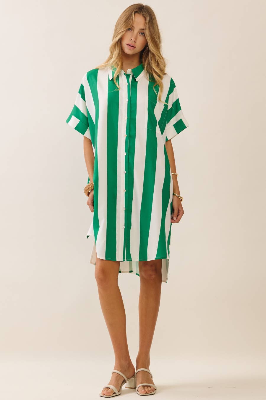 Vertical Stripe Short Sleeve Button-Up Shirt by Oddi, worn as cover-up