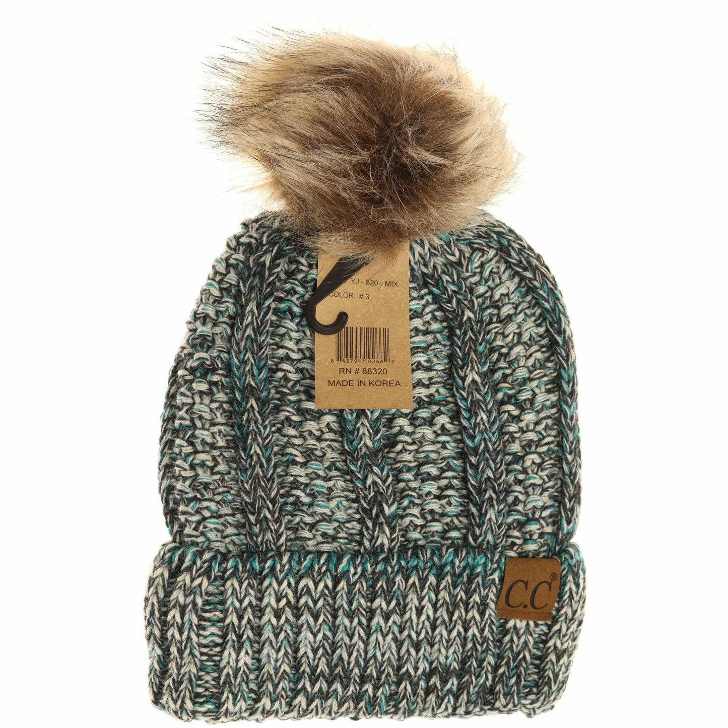 Fuzzy Lined Multi Tone Fur Pom CC Beanie