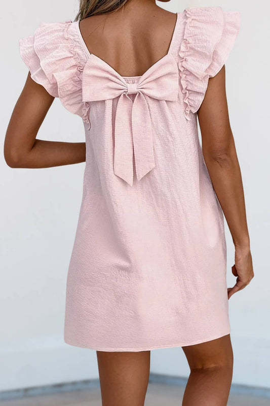 Pink Bow Back Ruffle Dress with Pockets