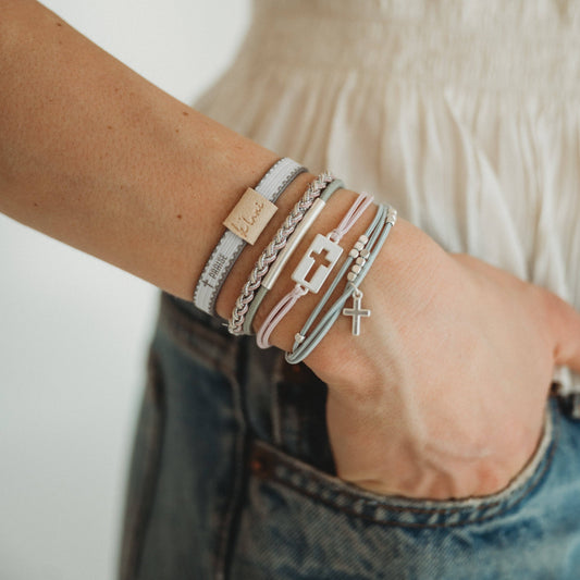 K’Lani Praise Silver Cross with muted Pastels Hair Tie Bracelets