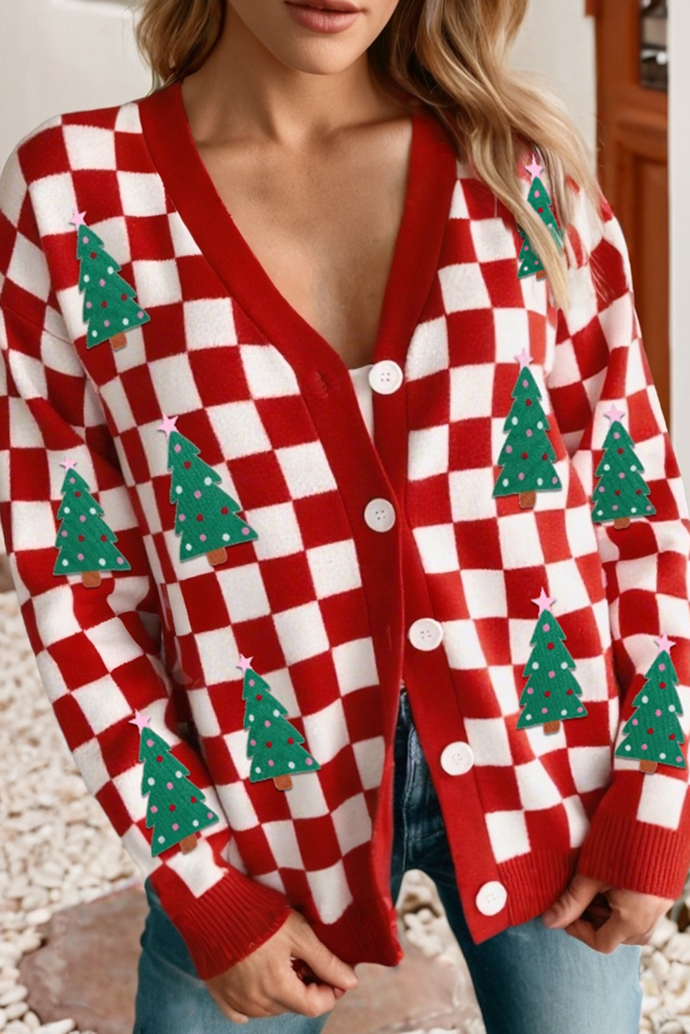 Red & White Checkered Tree Cardigan