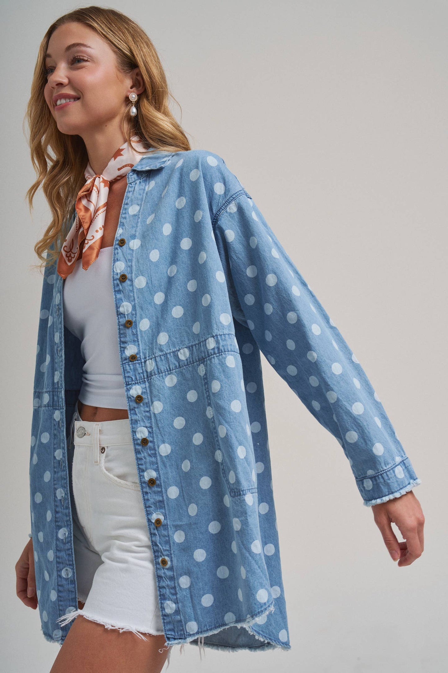 Polka Dot Chambray Button-Up Shirt with Frayed Hem