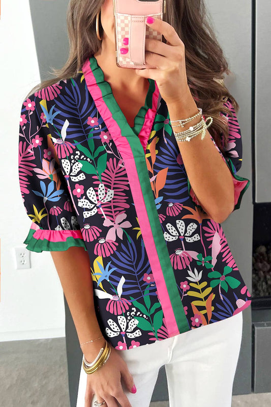Floral Frilled Contrast Trim V-Neck Blouse