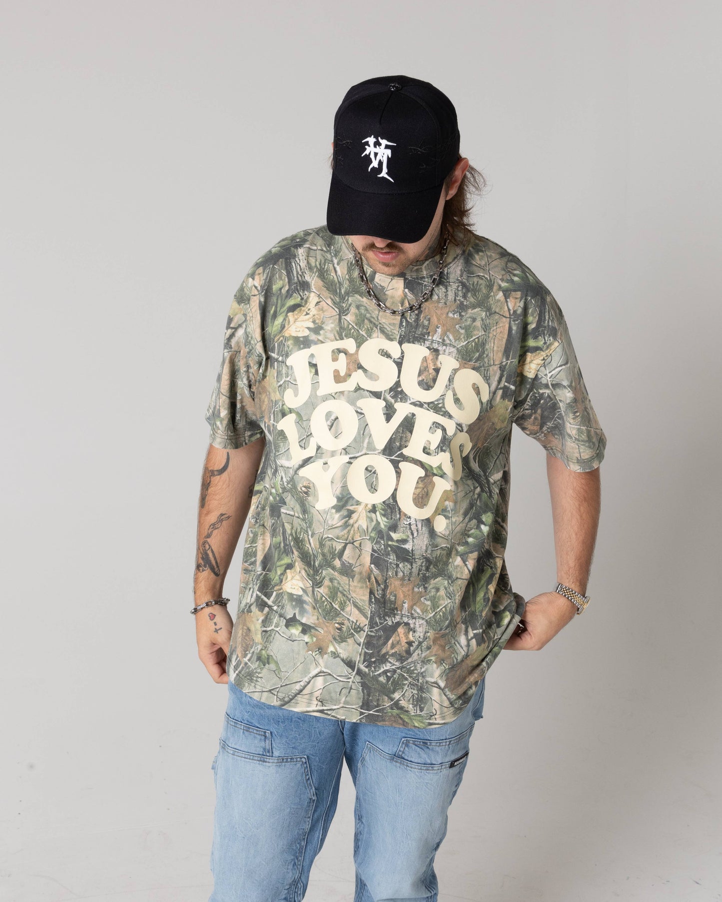 Jesus Loves You Camo Graphic Tee - Oversized