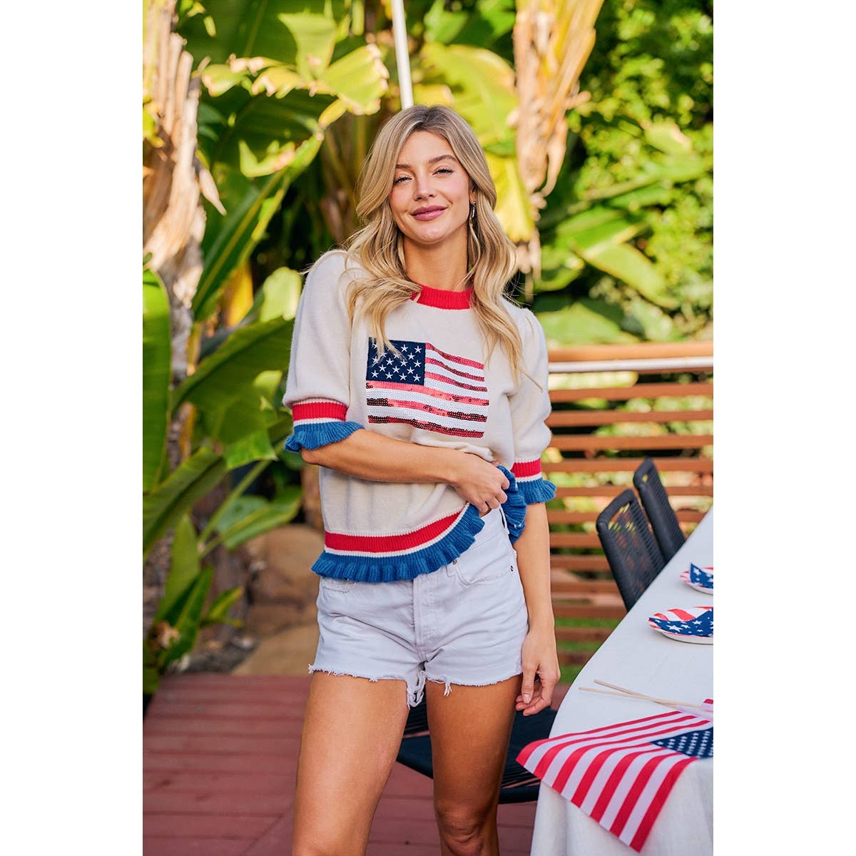 BiBi Sequin American Flag Ruffle Top