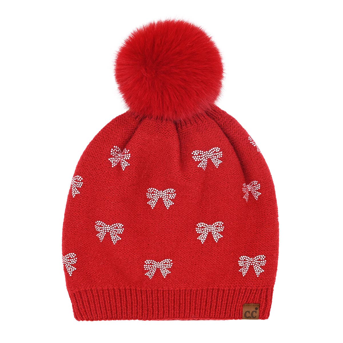 Allover Mini Rhinestone Bow C.C Faux Fur Pom Beanie