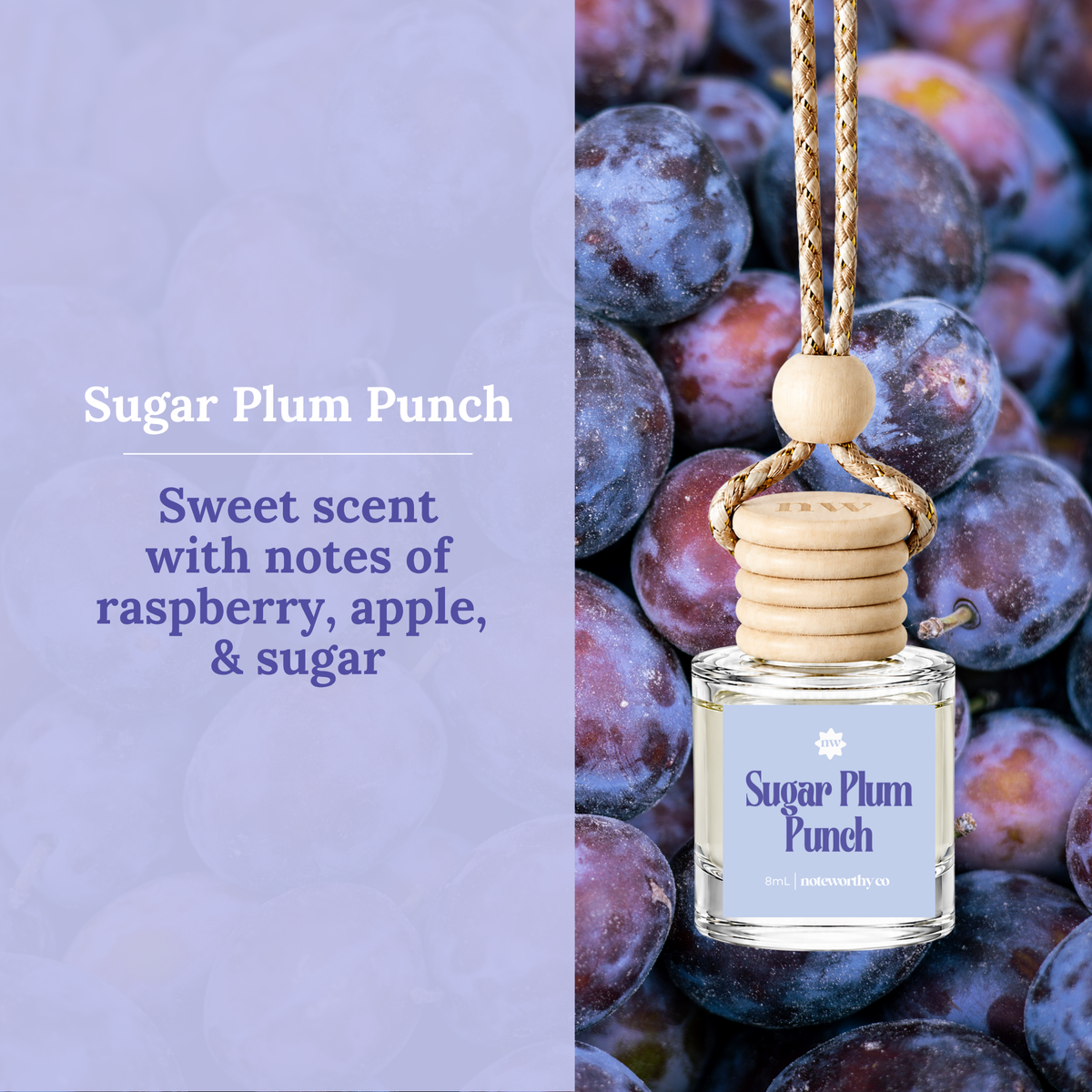 A small glass fragrance bottle labeled 'Sugar Plum Punch' with a light wood cap and hanging cord, shown against a background of plums. Text on the left reads 'Sugar Plum Punch' and 'Sweet scent with notes of raspberry, apple, & sugar.