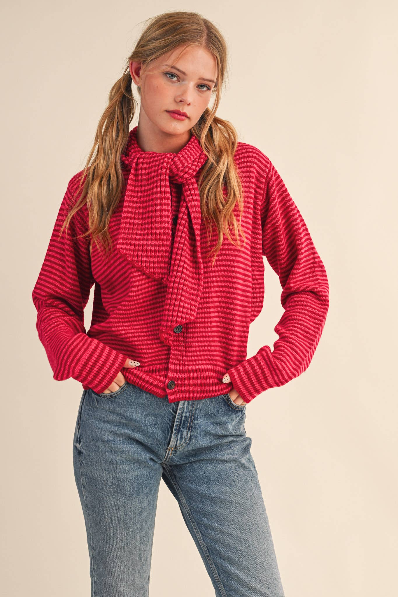 Stripe Tie-Neck Button Cardigan