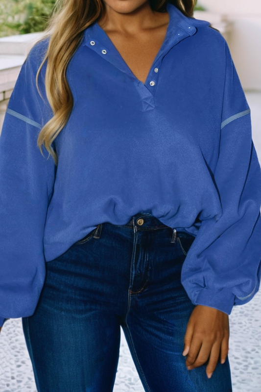 Blue Button up Collared Exposed Seam Sweatshirt