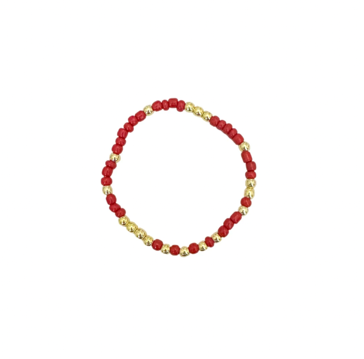 A beaded stretch bracelet featuring alternating red and gold metallic beads, arranged in a circular shape against a plain white background.