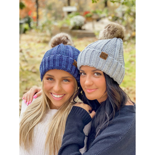 Fuzzy Lined Multi Tone Fur Pom CC Beanie