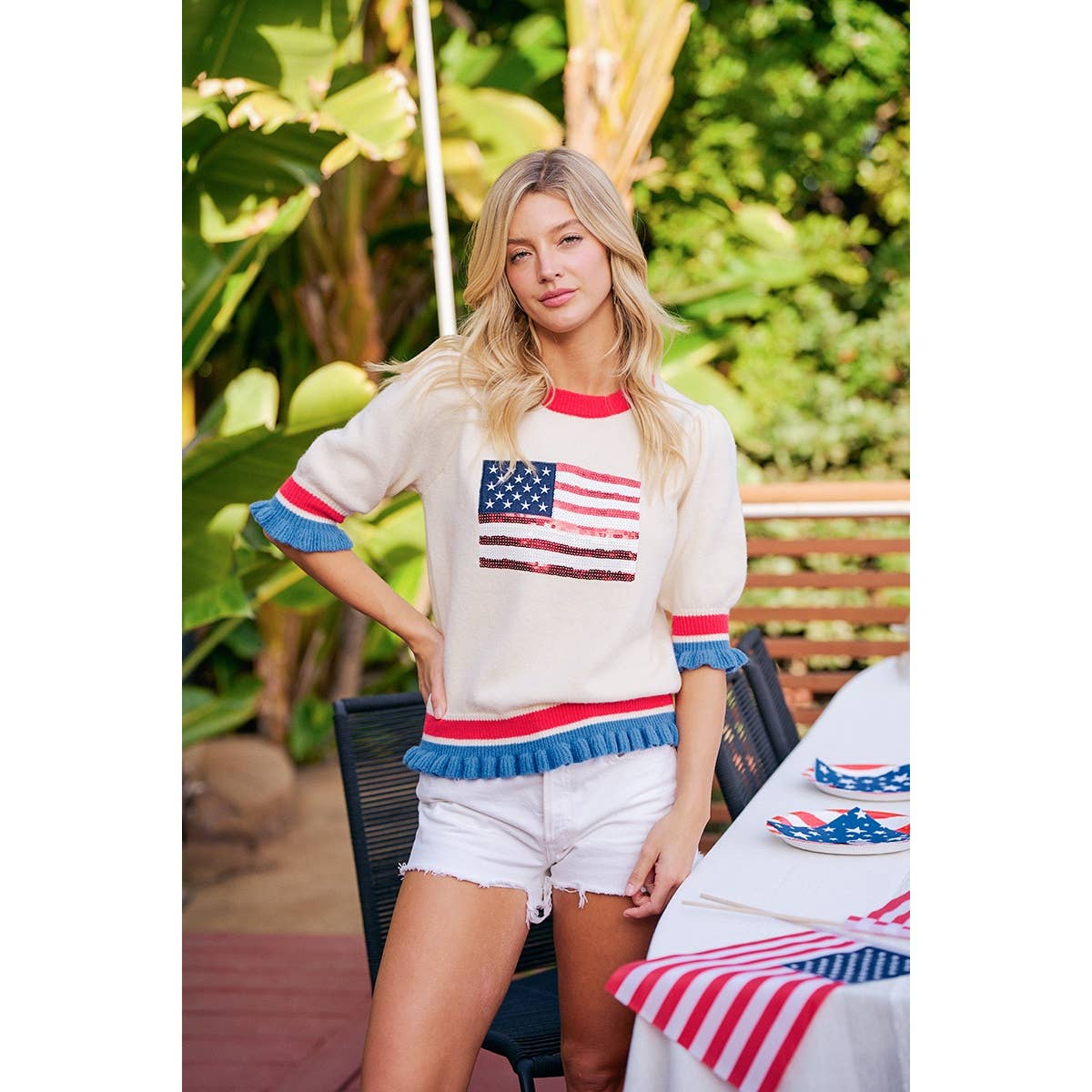 BiBi Sequin American Flag Ruffle Top