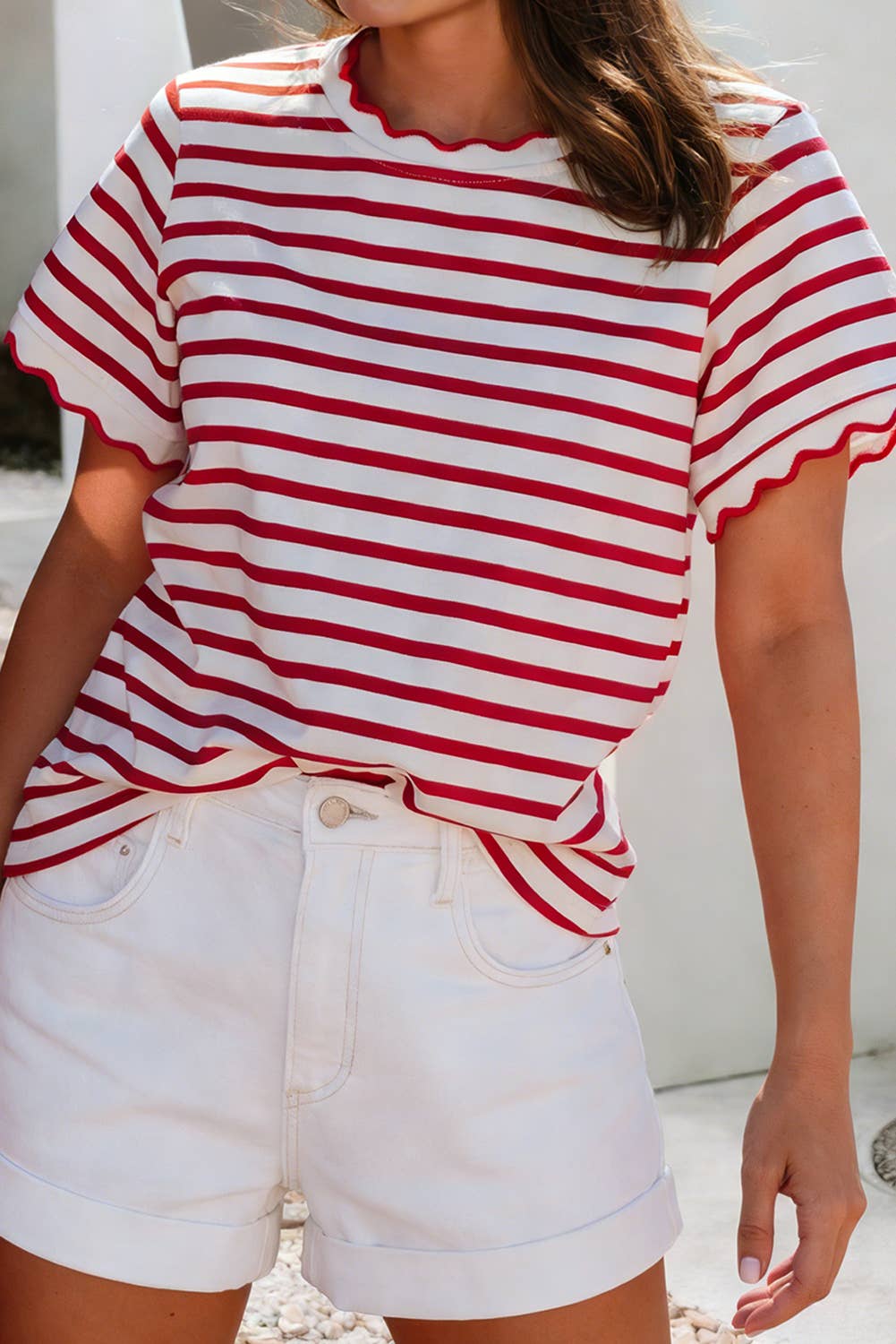 Scalloped Trim Round Neck T Shirt
