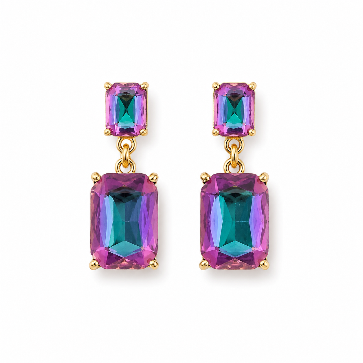 A pair of gold drop earrings featuring rectangular iridescent gemstones that shift between pink, purple, and teal, set against a plain white background.