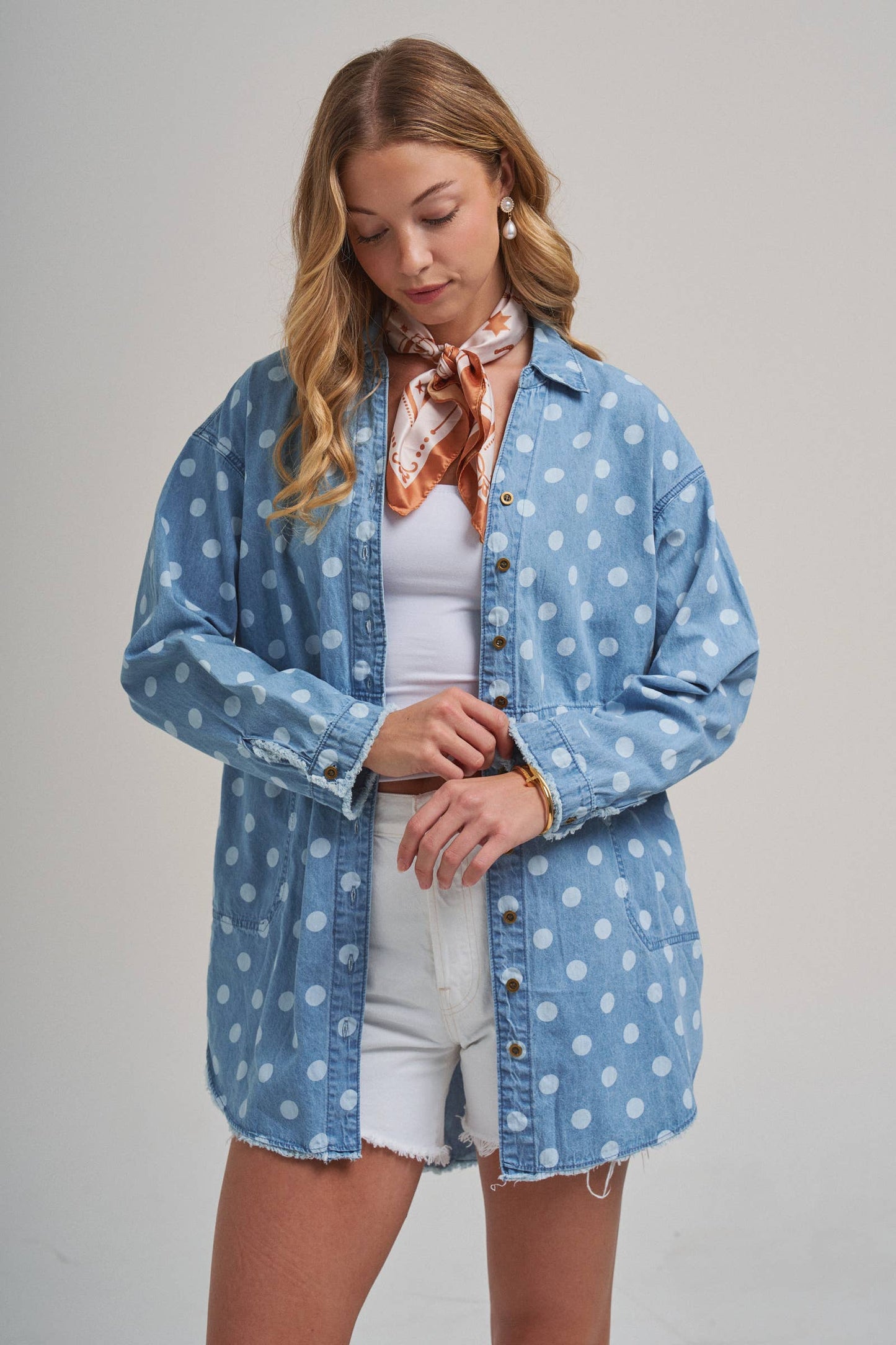 Polka Dot Chambray Button-Up Shirt with Frayed Hem