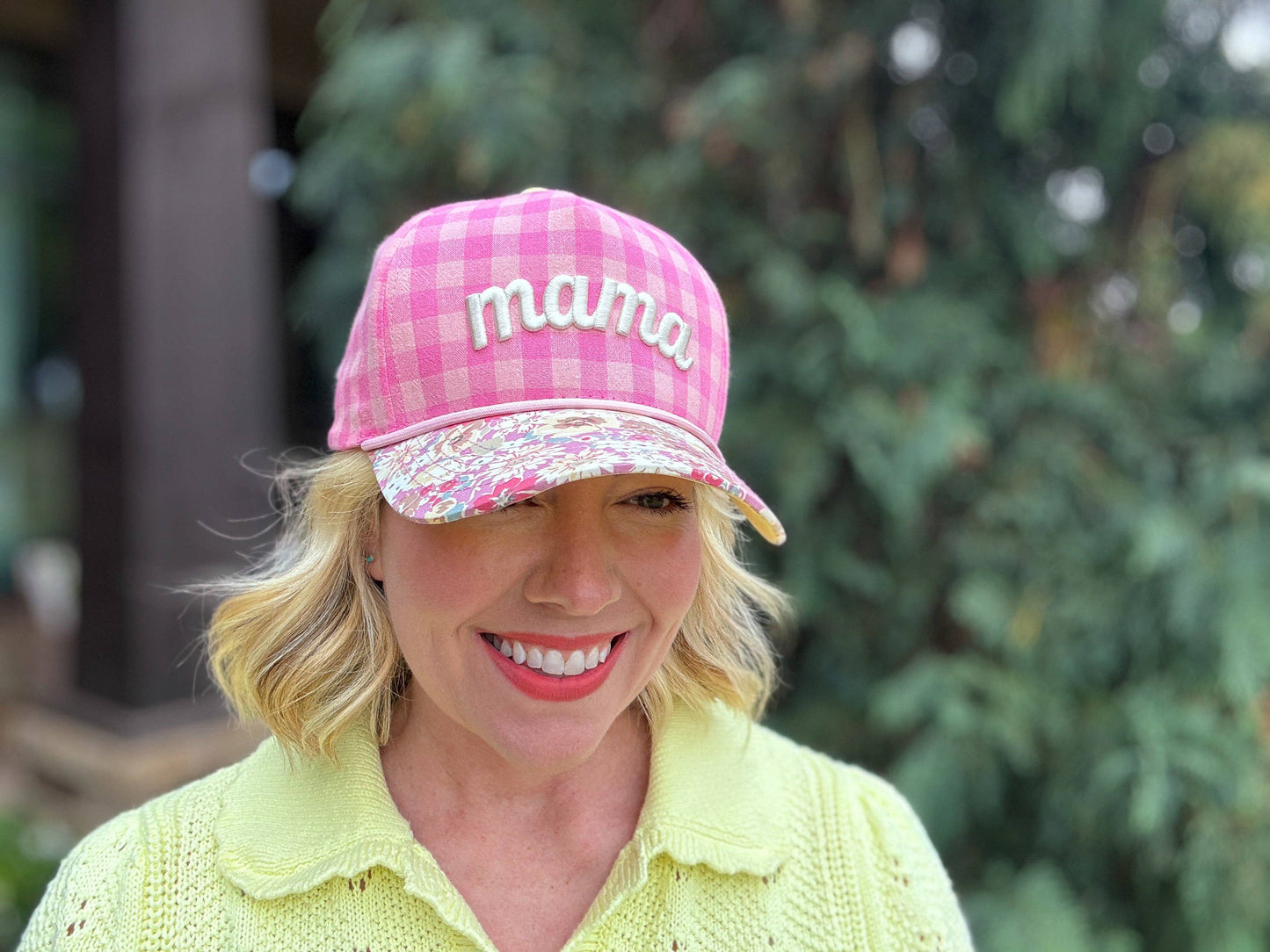 Mama Embroidered Pink Gingham & Floral Snapback Hat