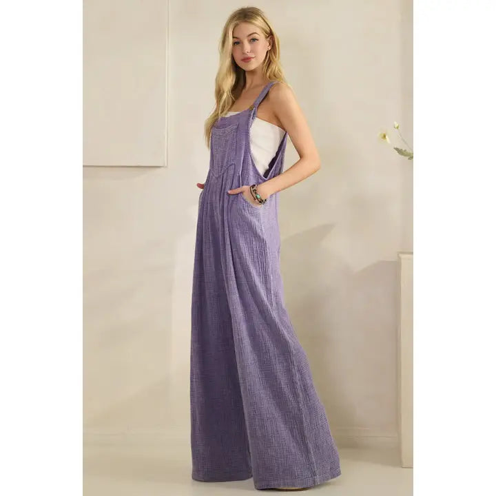 Lavender Crinkle Gauze Wide Leg Overalls