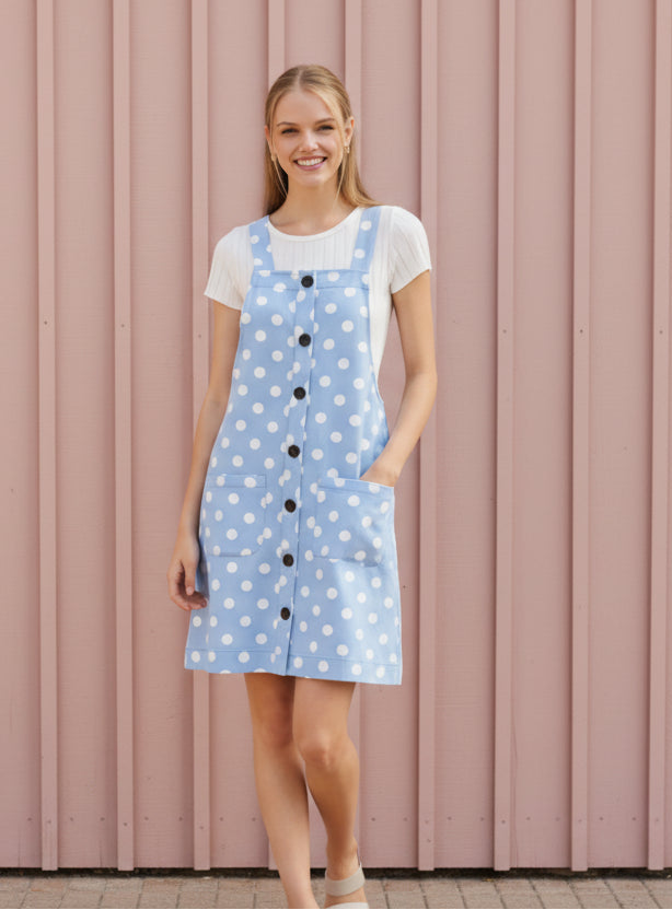 Oddi Polka Dot Printed Denim Overall Dress