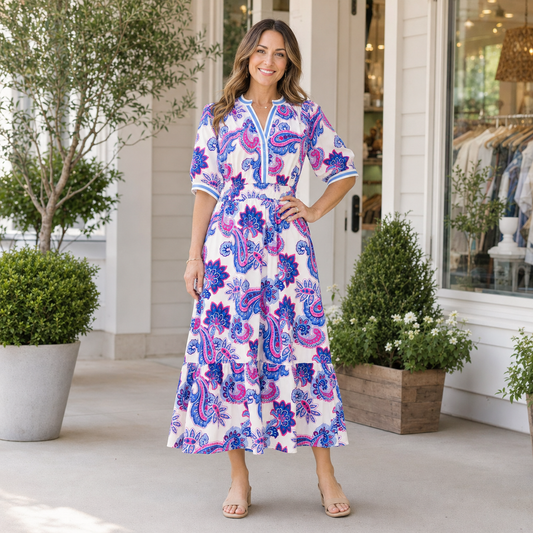 Umgee Blue Paisley Smocked Waist Midi Dress