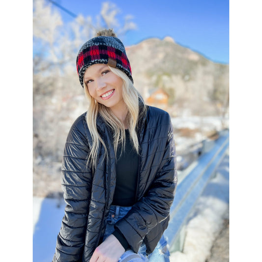 Buffalo Check Mixed Print Fur Pom C.C Beanie