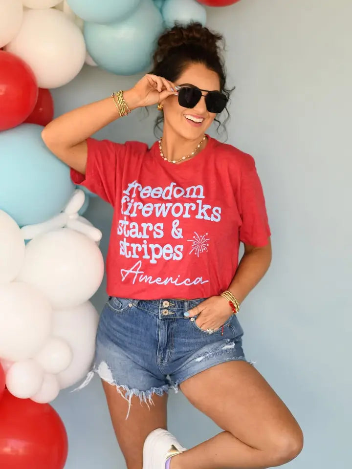 Freedom Fireworks America Patriotic Tee - bold red Americana boutique graphic shirt for summer