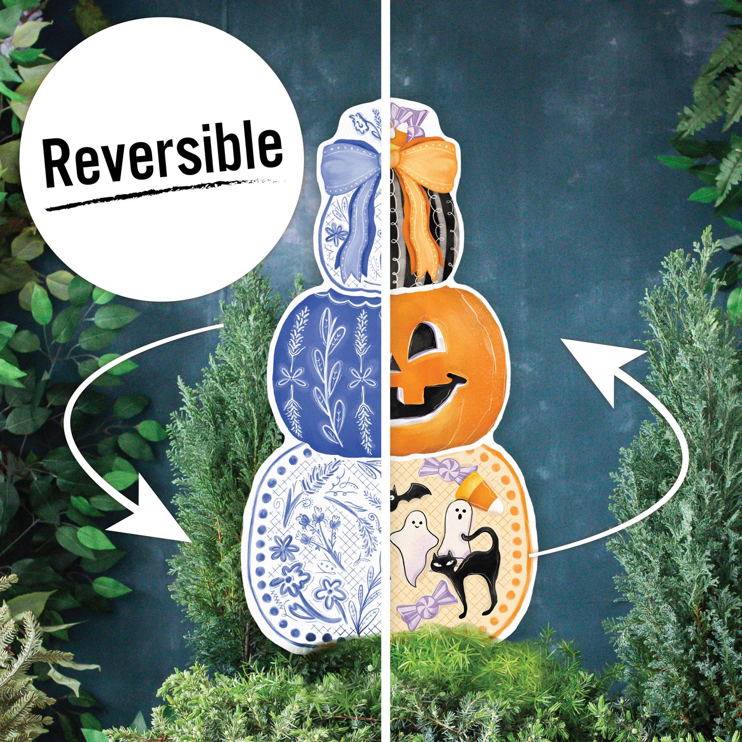 Reversible Stacked Fall/Halloween Pumpkins Yard Art