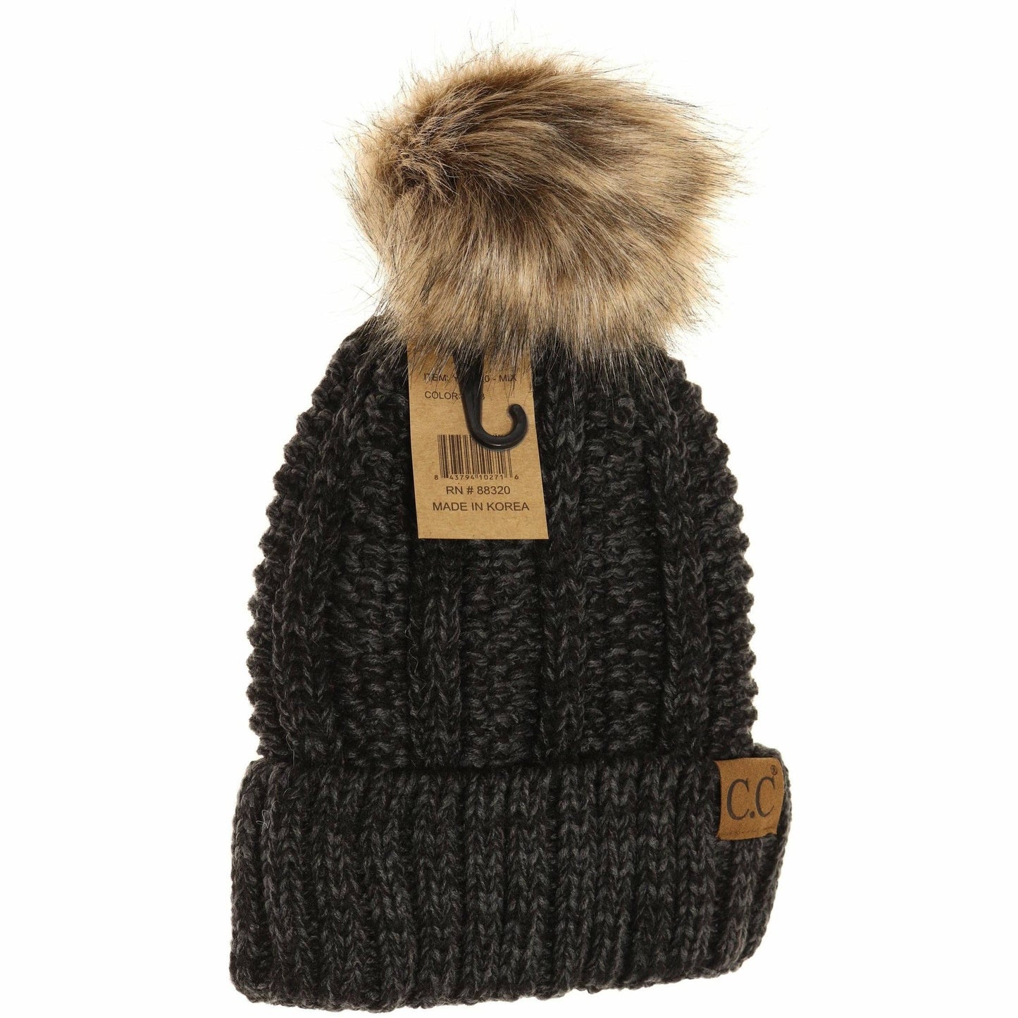 Fuzzy Lined Multi Tone Fur Pom CC Beanie