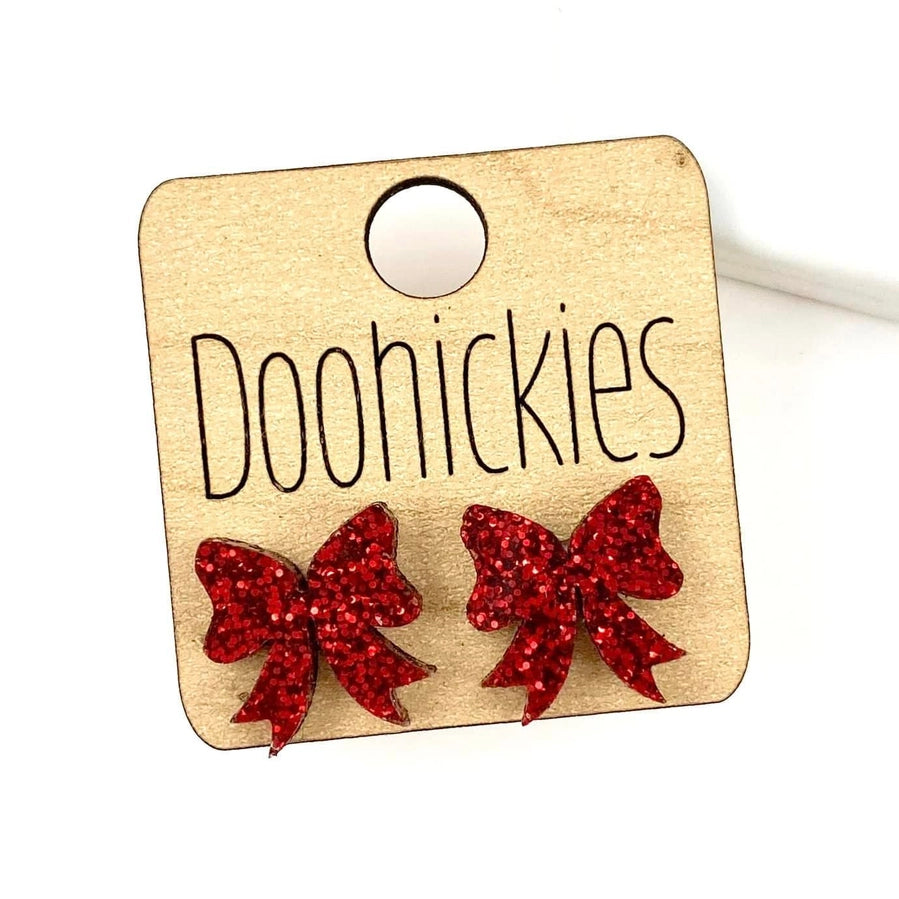 Red Glitter Bow Stud Earrings