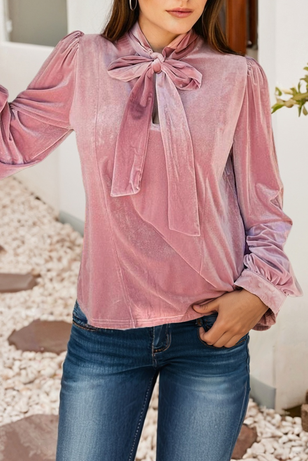 Pink Velvet Ribbon Bow Knot Long Sleeve Blouse