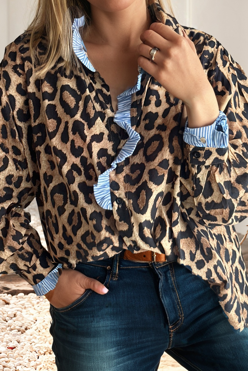 Leopard Ruffle Trim Button Down Blouse