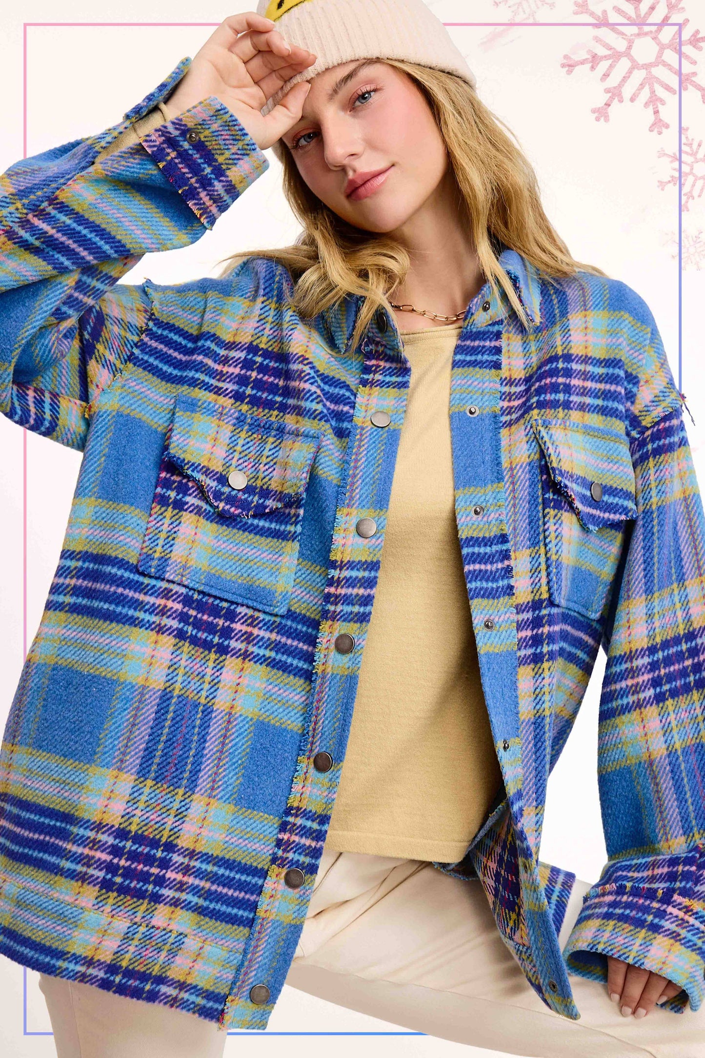 Loose Fit Plaid Button Down Shacket with Pockets