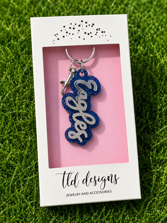 Eagles Royal Blue & Silver Script Keychain