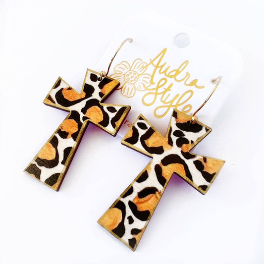 Cross Dangle Earring- Leopard Print