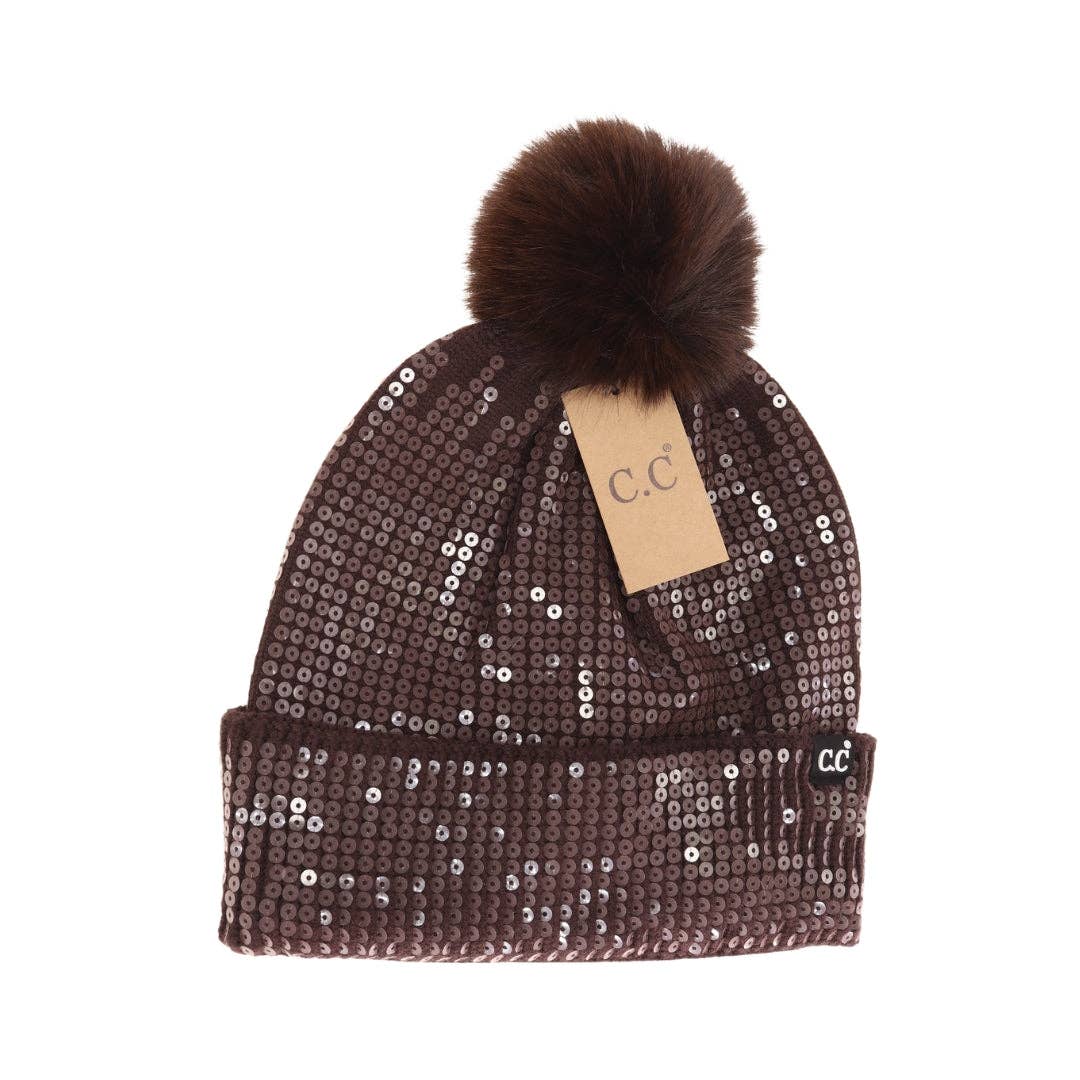 C.C Allover Clear Sequin Faux Fur Pom Beanie