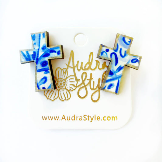 Blue and White Cross Studs