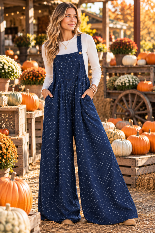 A woman stands in an autumn outdoor setting surrounded by pumpkins and fall decor, wearing navy blue wide-leg overalls with small white polka dots over a white long-sleeve top.