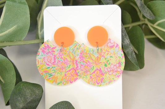 Preppy Earrings, Colorful Notched Circle Earrings, Floral