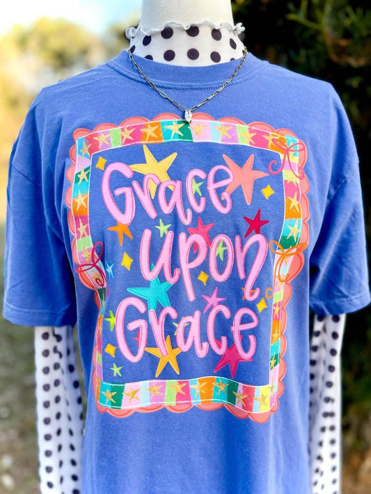 Grace Upon Grace Graphic Tee - colorful stars John 1:16 faith design on flo blue Comfort Colors tee