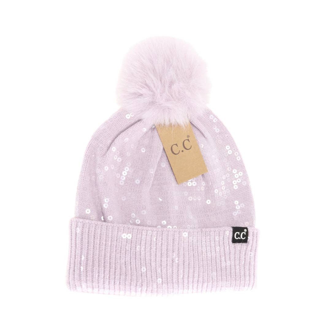 C.C Allover Clear Sequin Faux Fur Pom Beanie