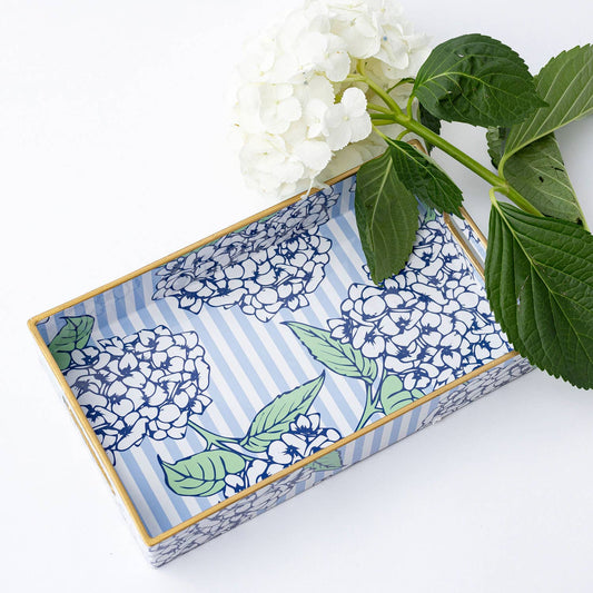 blue hydrangea decorative vanity tray with floral design