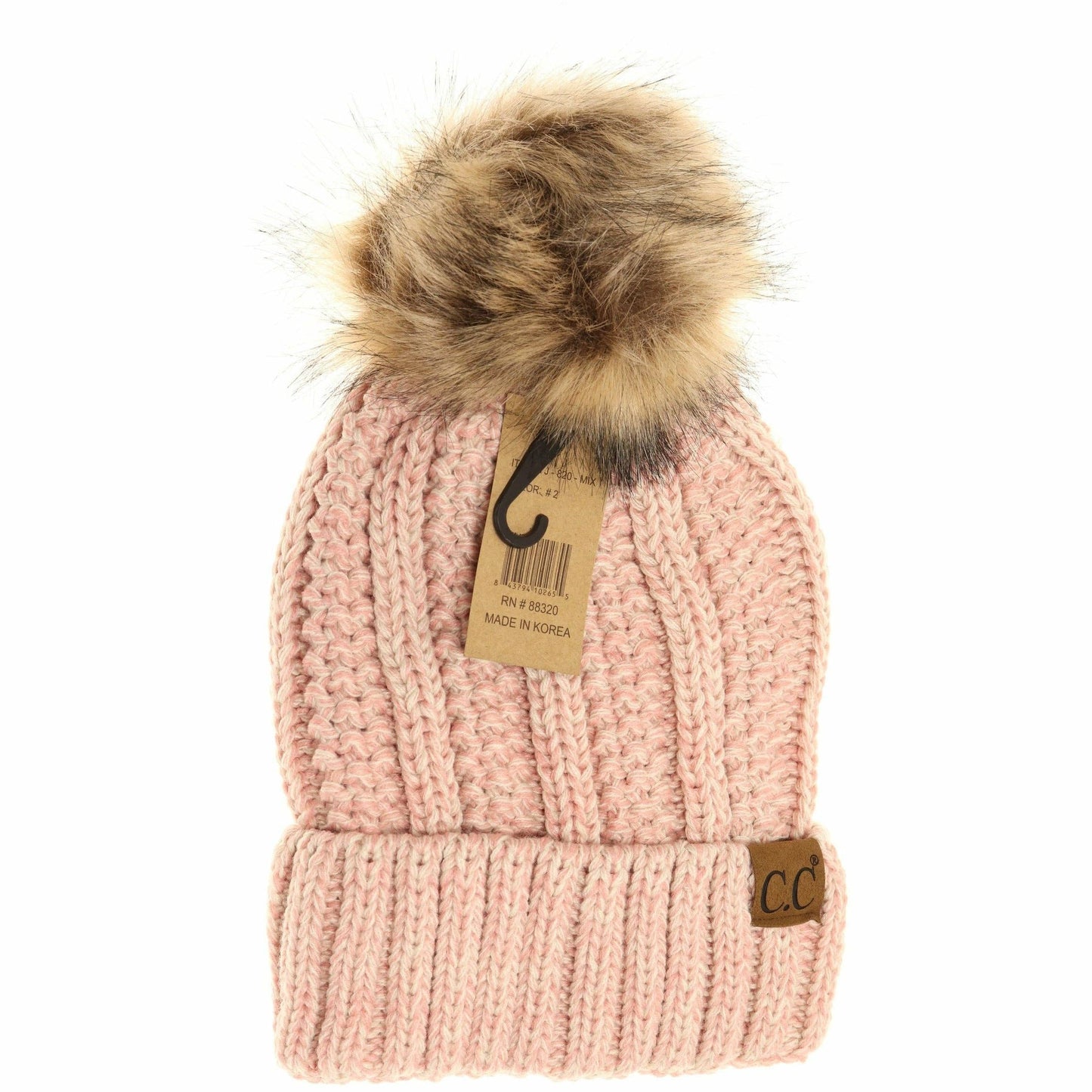 Fuzzy Lined Multi Tone Fur Pom CC Beanie