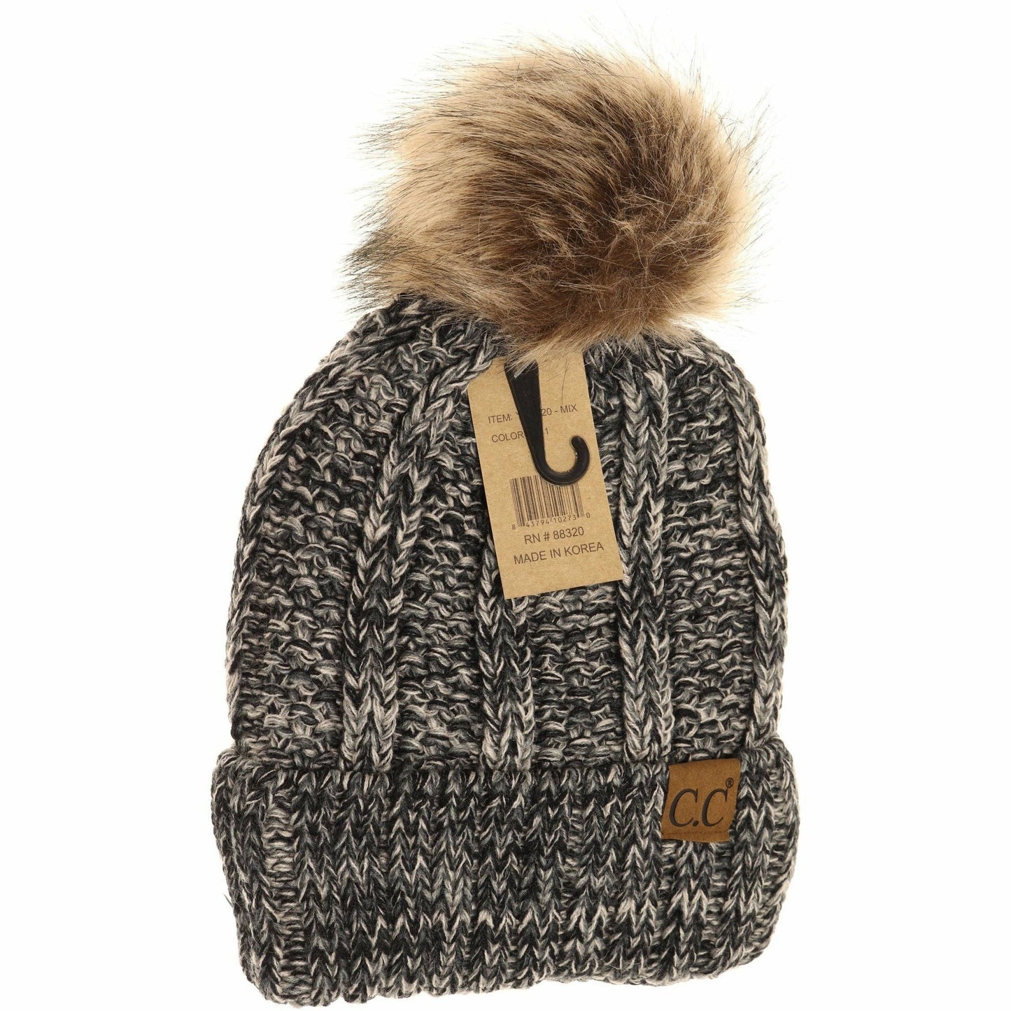 Fuzzy Lined Multi Tone Fur Pom CC Beanie