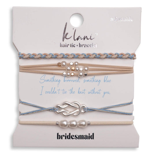 K’Lani Bridesmaid Cream and Blue with Pearl Accent Hair Tie Bracelets