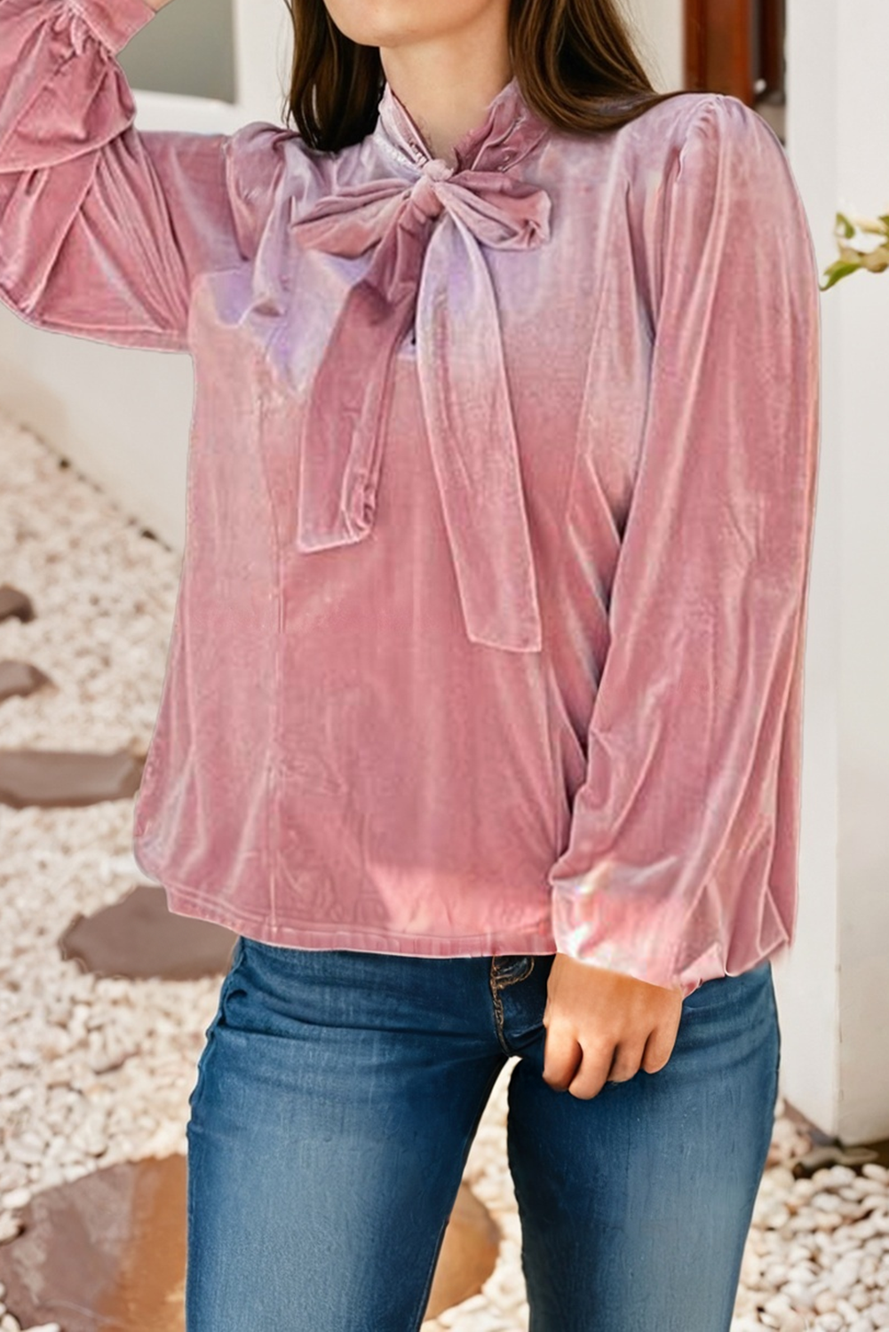 Pink Velvet Ribbon Bow Knot Long Sleeve Blouse