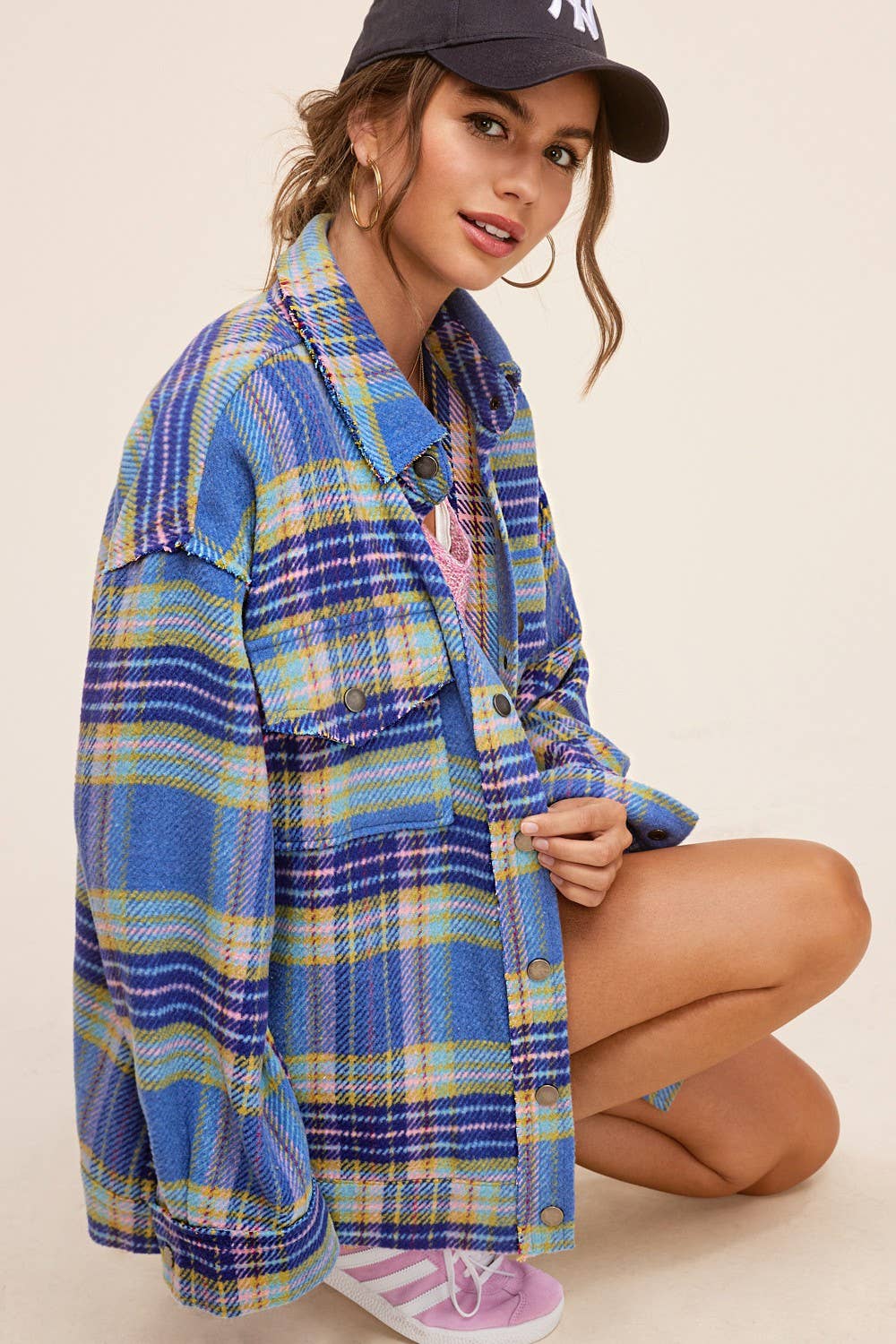 Loose Fit Plaid Button Down Shacket with Pockets