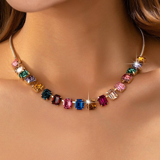 Rainbow Emerald-Cut Gemstone Statement Necklace