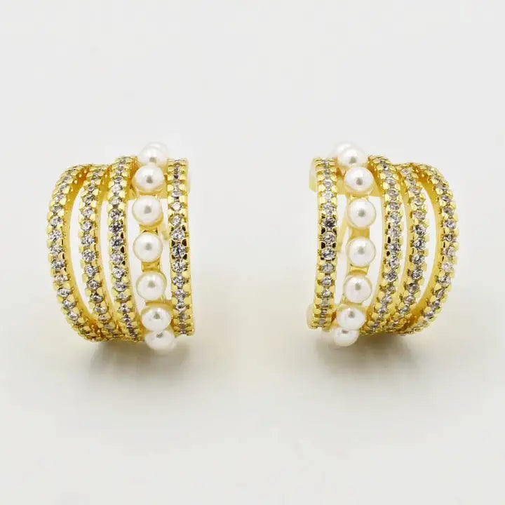 Gaia Pearly Gold Earrings – Pearl & Crystal Huggie Hoops