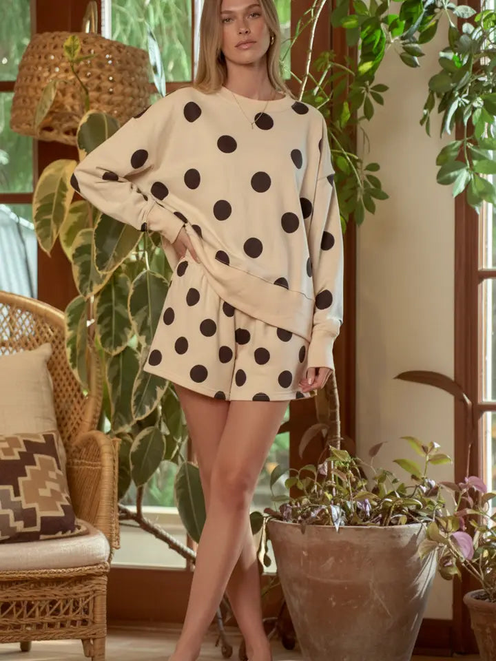 Beige polka dot crew neck sweatshirt and shorts set, back view